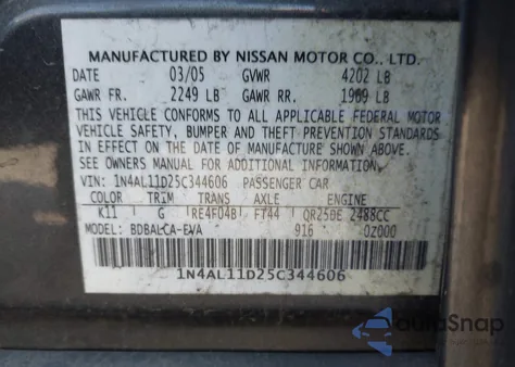 2005 Nissan Altima 2.5 S из США, поврежденный, VIN 1N4AL11D25C344606